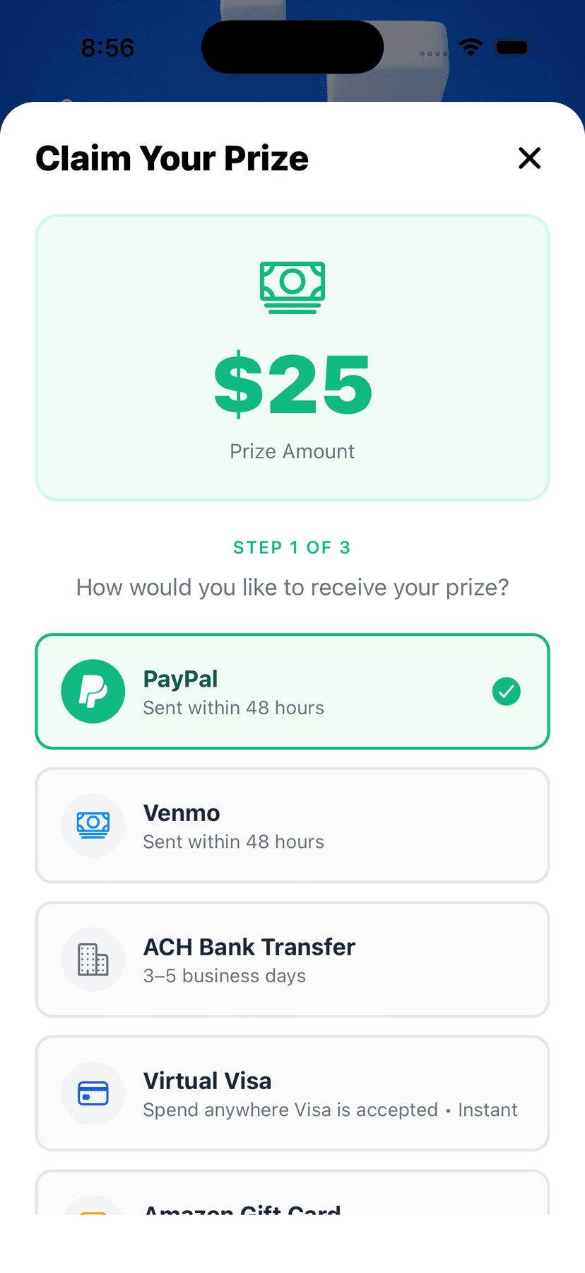 Claim your prize screen with payout options