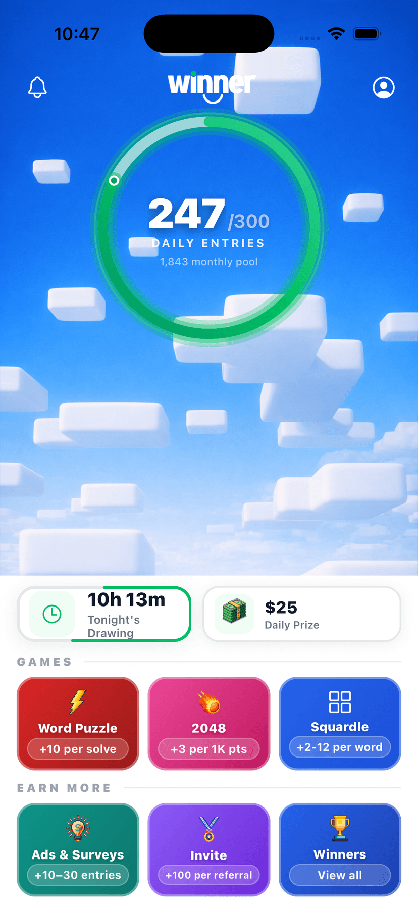 The Winner App dashboard showing daily entries and games