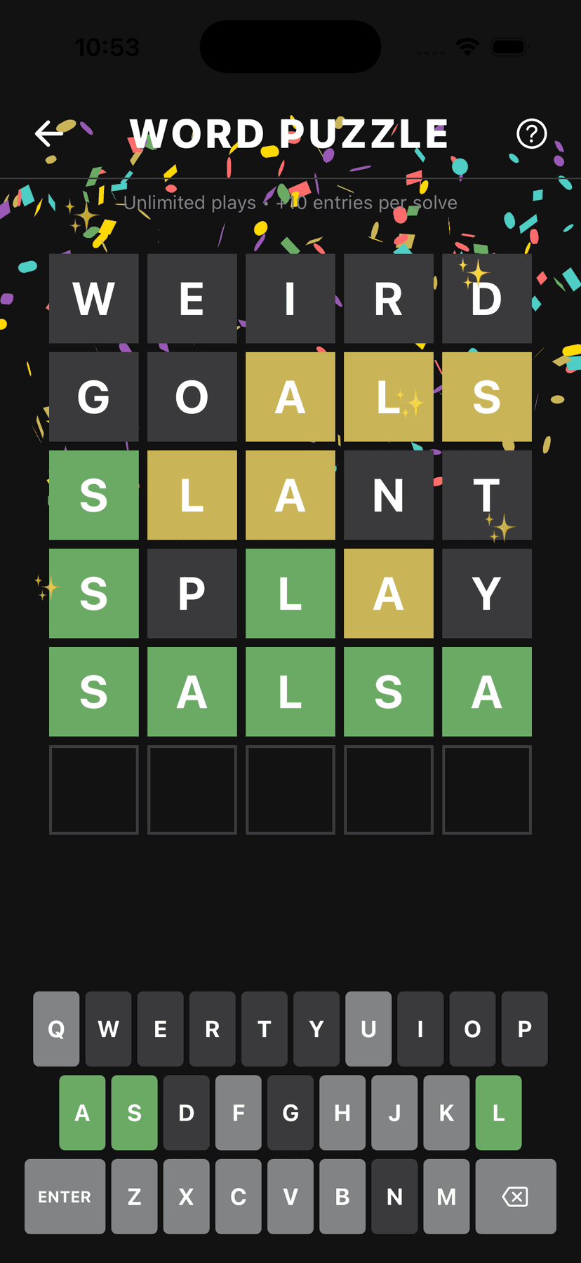 Word Puzzle game with confetti