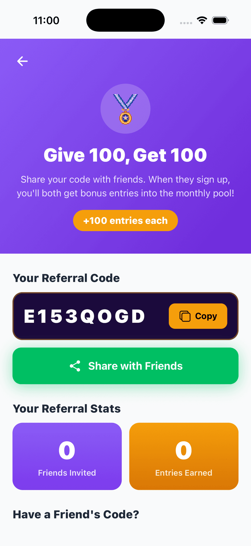 Referral screen - Give 100 Get 100