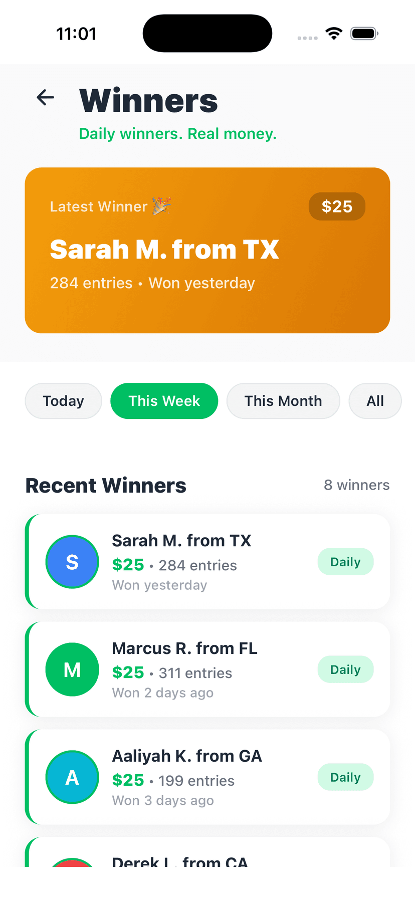 Winners list showing Sarah M. from TX won $25